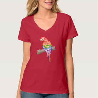 T-shirt à col V rouge pour femmes design de perroq