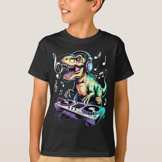 T-shirt A Cute T-rex Playing Electronic Music Funny Dj Din (Devant)