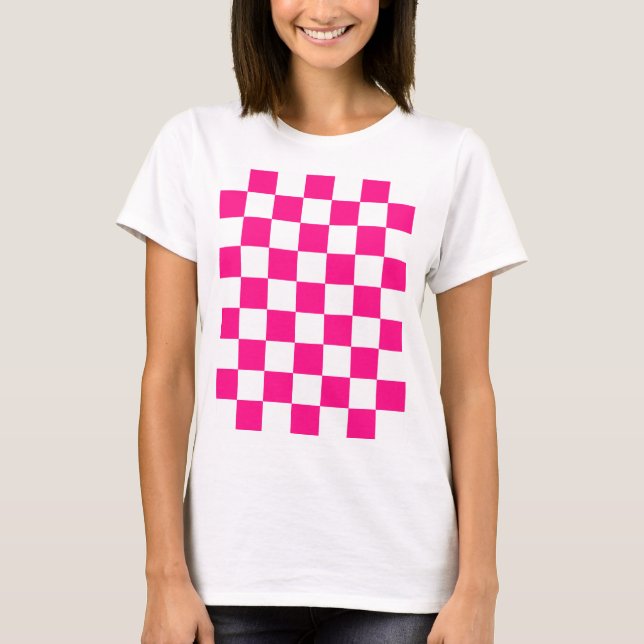 T-shirt à damiers carré chaud rose blanc rétro géométrique (Devant)