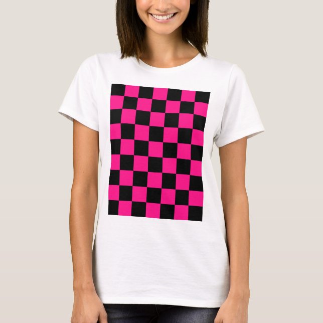 T-shirt à damiers carré rose chaud noir rétro géométrique (Devant)