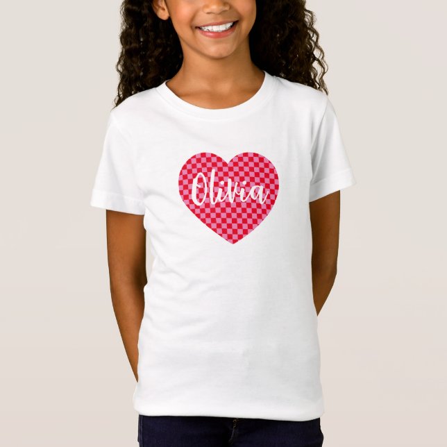 T-Shirt À damiers rouge et rose Nom du coeur (Devant)