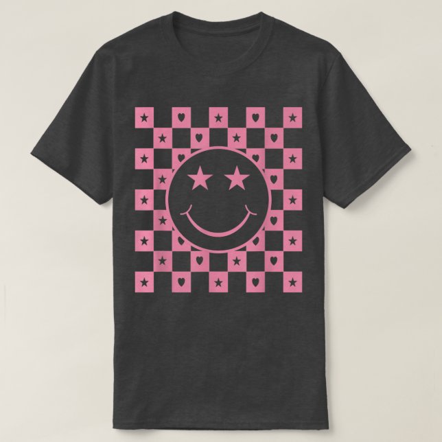 T-shirt à damiers Visage souriant drôle (Design devant)