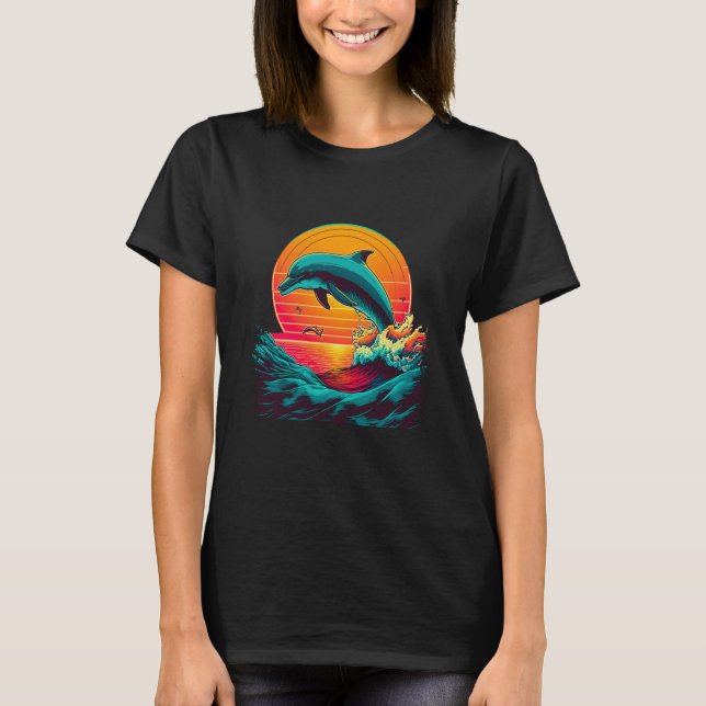 T-shirt A Dolphin's Sunset Leap Cute Jumping Dolphin Retro (Devant)