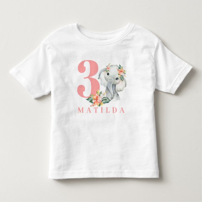 T-shirt à fleurs d'éléphant de 3e anniversaire (Devant)