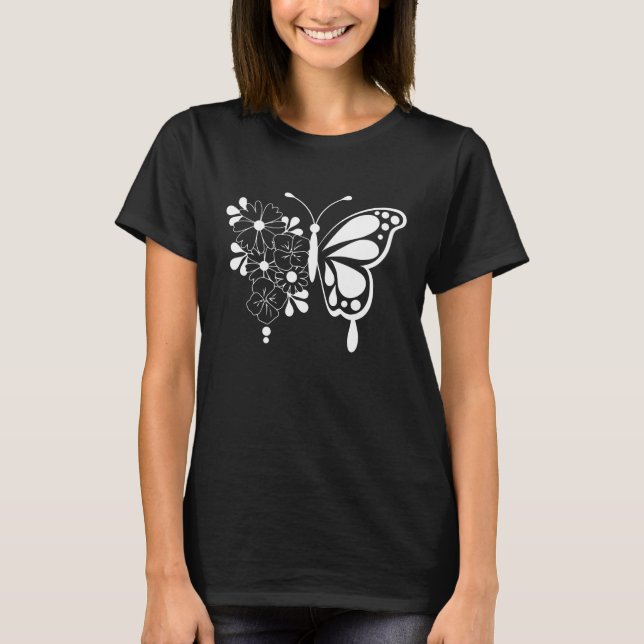 T-shirt à papillon floral noir et blanc (Devant)