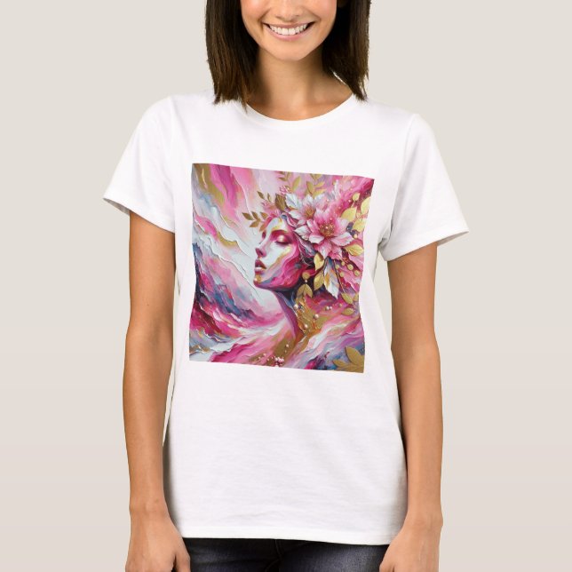 T-shirt Abstrait Elegant femme visage rose feuille (Devant)