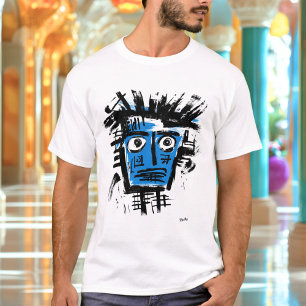 T-shirt Abstrait Visage Tribal - Urbain Noir et Bleu Gras
