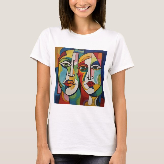 T - Shirt abstraktes Design, Kubismus, bunte Gesic (Vorderseite)