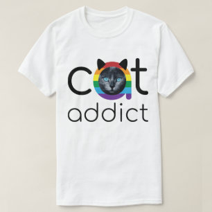 T-shirt Addict de chat noir arc-en-ciel bleu yeux Artework