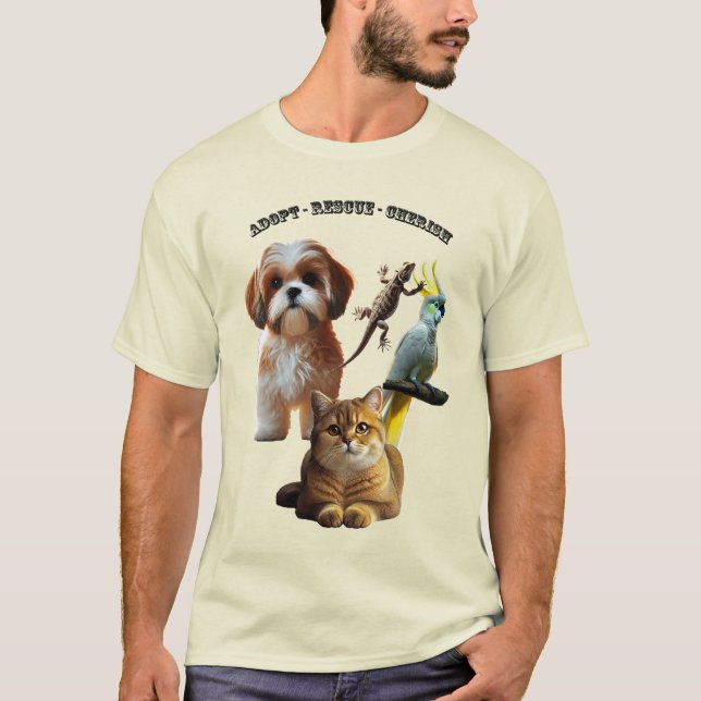 T-shirt Adoption d'animaux avec le chien, le chat, l'oisea (Devant)