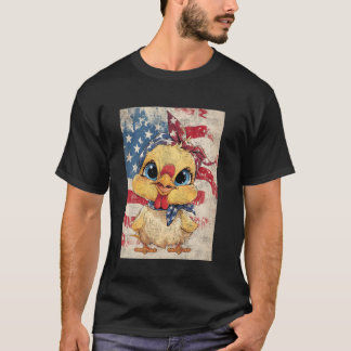 T-shirt Adorable Américaine Mignonne Poulet Et Drapeau Amé