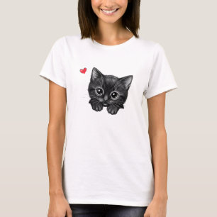T-shirt Adorable Chat Noir qui Regarde avec un Cœu