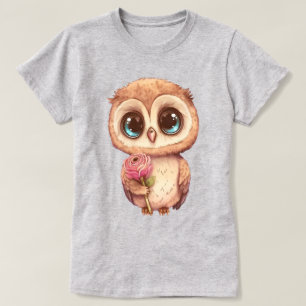 T-shirt Adorable Chouette en caricature tenant Rose rose