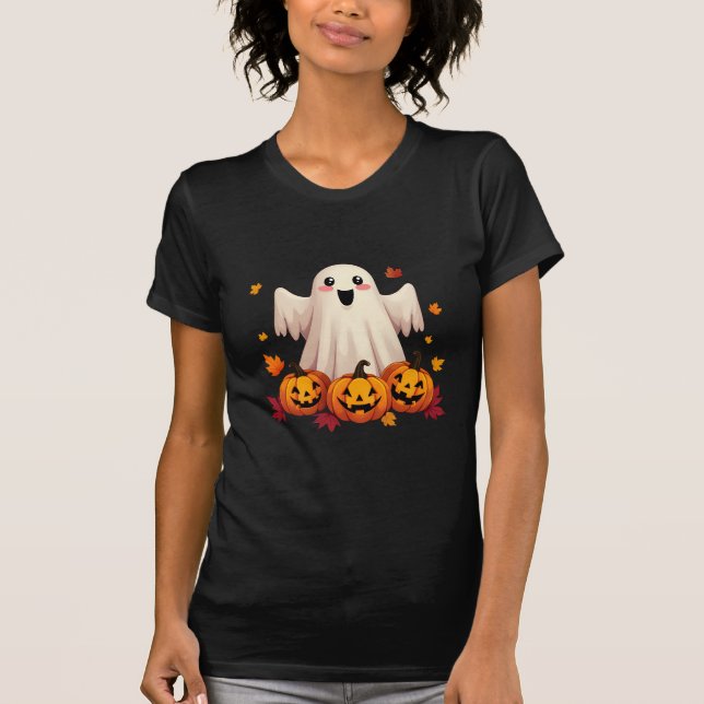 T-shirt Adorable Fantôme d'Halloween avec Citrouilles (Devant)
