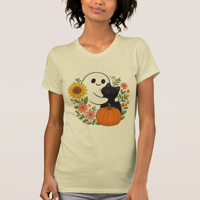 T-shirt Adorable Fantôme et Chat Noir Chute mignonne Hallo (Devant)
