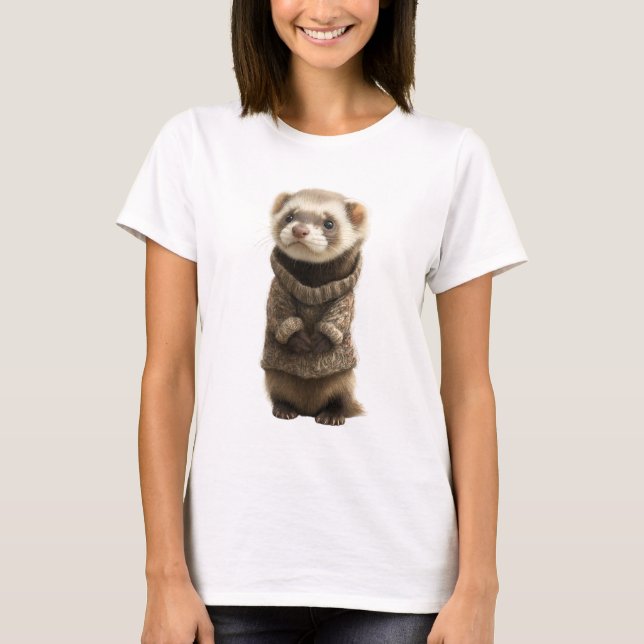 T-shirt Adorable Ferret Wearing Knitted Sweater (Devant)