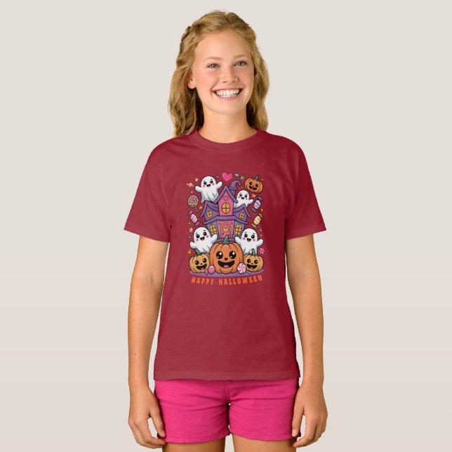 T-shirt Adorable Kawaii Halloween | Happy Ghost & Pumpkins (Devant entier)