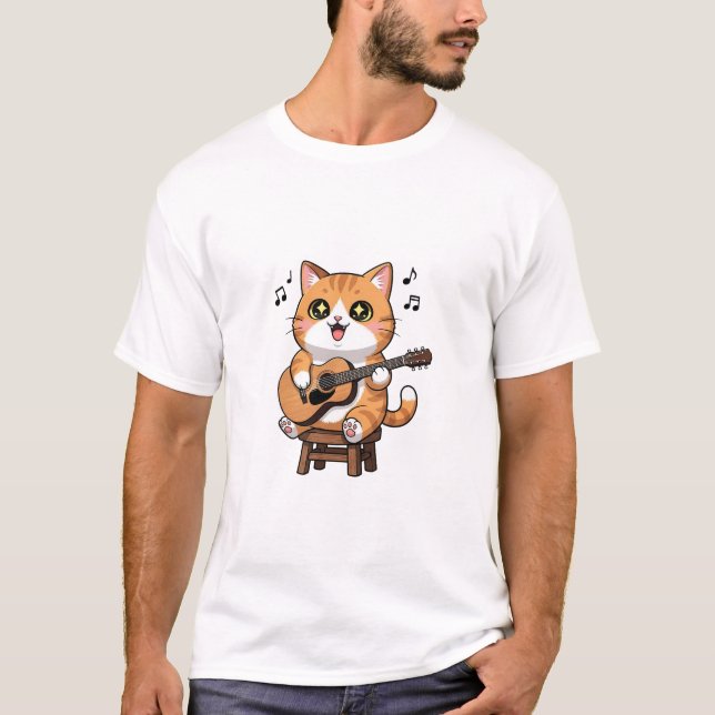 T-shirt Adorable Orange Tabby Cat Playing Acoustic Guitar (Devant)
