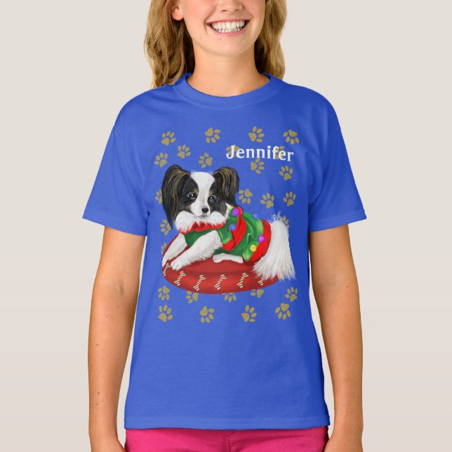 T-shirt adorable Papillon de Noël Chiot Personnalisé Nom (Devant)