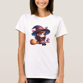 T-shirt Adorable sorcière mignonne avec 2 oiseaux, Hallowe