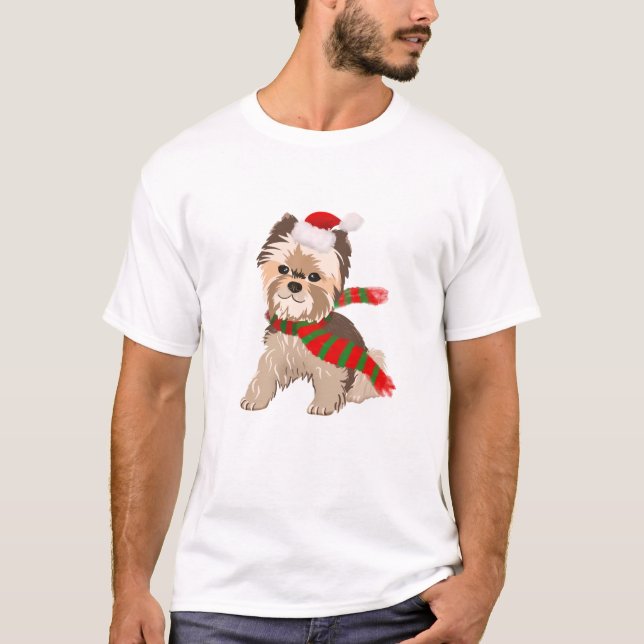 T-shirt Adorable Yorkie De Noël À Santa Hat (Devant)