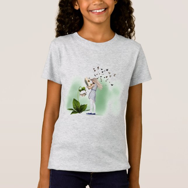 T-Shirt adorante lecture de livre mignonne fille (Devant)
