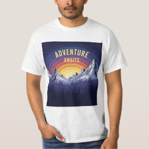 T-shirt Adventure Await Mountain Sunset Retro Randonnée