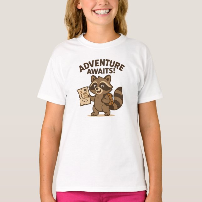 T-shirt Adventure Awaits Cute Brown Raccoon Design (Devant)