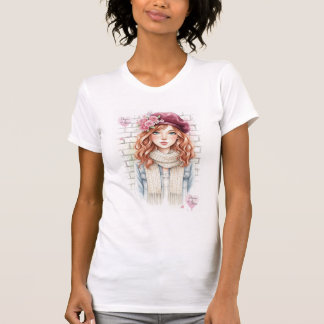 T-shirt Aesthetic Floral Beret Girl Watercolor 