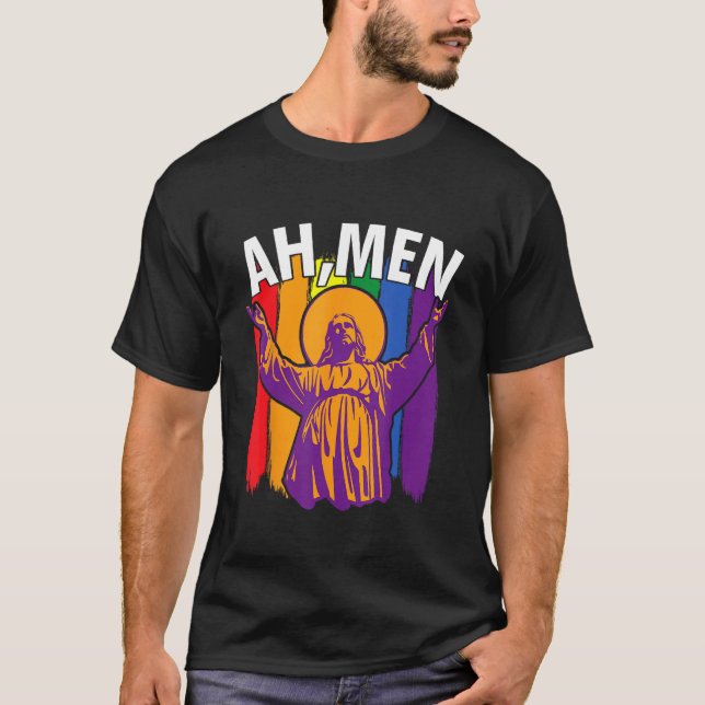 T-shirt Ah Men  LGBT Gay Pride Jesus Rainbow Flag Christia (Devant)