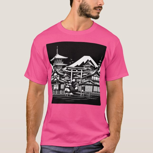 T-shirt Ai Art Traditionnel Kyoto Bâtiments En Blanc Noir (Devant)