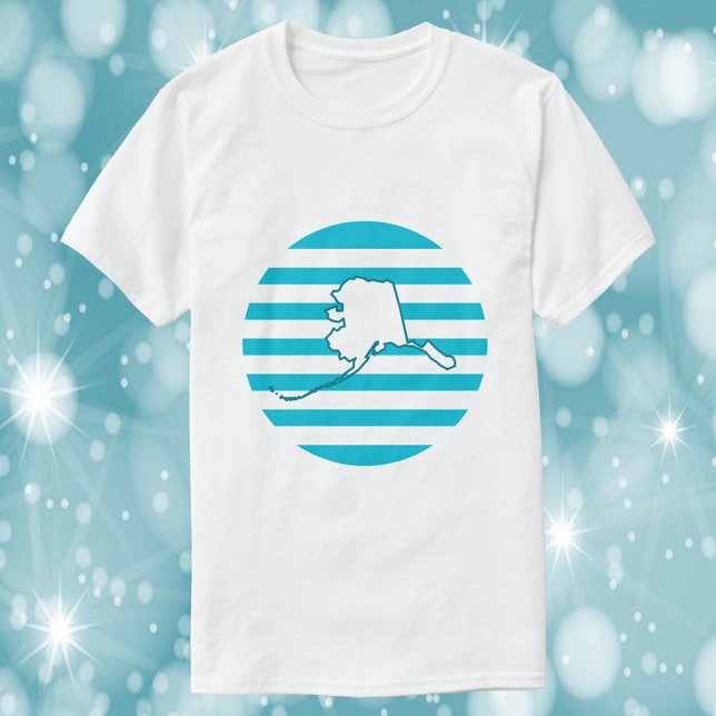 T-shirt Alaska Outline Retro Blue Circle (A tshirt with an outline of the US state of Alaska against a retro blue circle.)