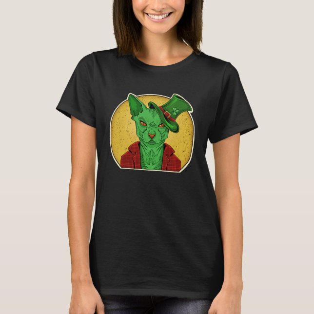 T-shirt Alien Cat Green Sphynx Leprechaun Cool Hairless Sp (Devant)