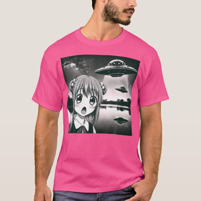 T-shirt Alien Invasion Sci-Fi Humour Anime Girl Selfie Ave (Devant)