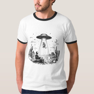 T-shirt Alien regardant une soucoupe volante enlever un ch