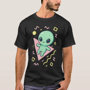 T-shirt Alien Rétro Kawaii sur Fond Géométrique