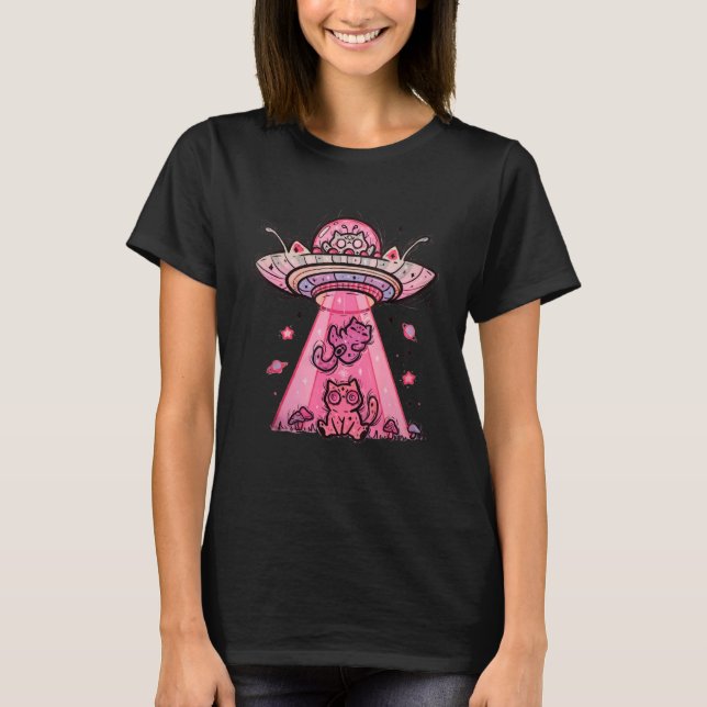 T-shirt Alien UFO   Retro Cat Alien Ship Abduction (Devant)