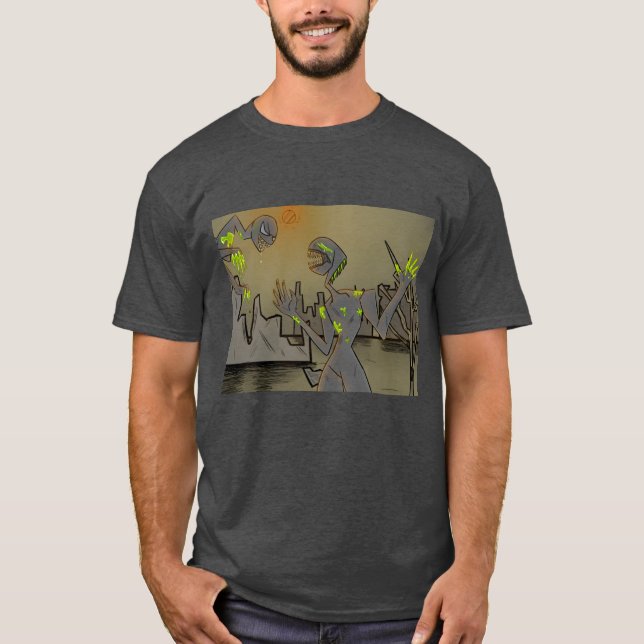 T-shirt Aliens combattant dans un monde post-apocalyptique (Devant)