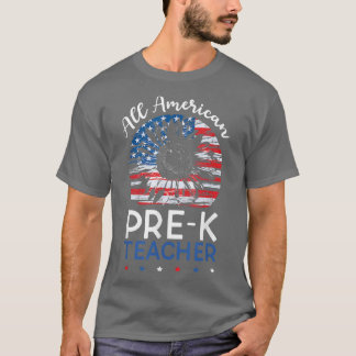 T-shirt All American PreK Teacher 4th of July Flag Sunflow