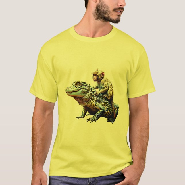 T-shirt Alligator Monkey Riding - Unique amitié animale (Devant)
