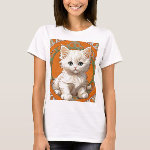 T-shirt Alphonse Mucha Art Nouveau Kitten blanc