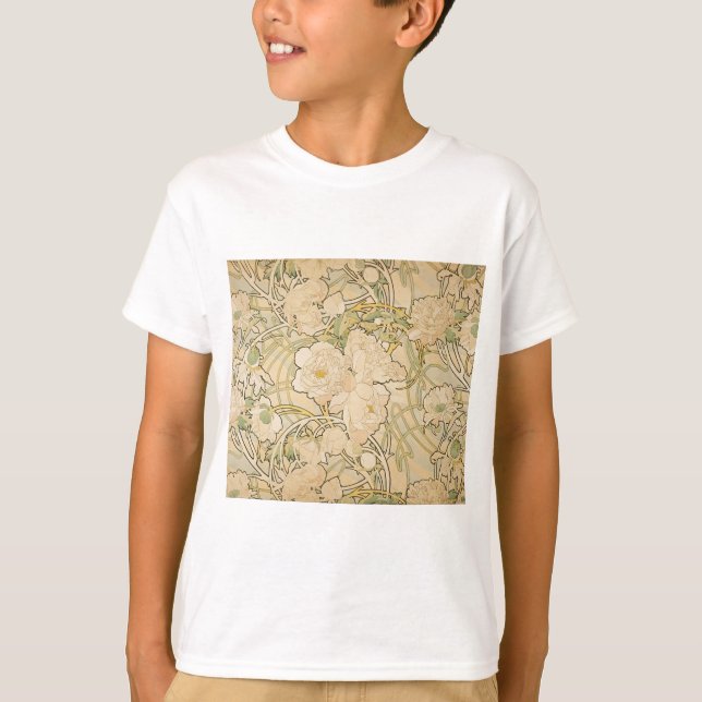T-shirt Alphonse Mucha Peonies Peony Roses Fawn 1897 (Devant)