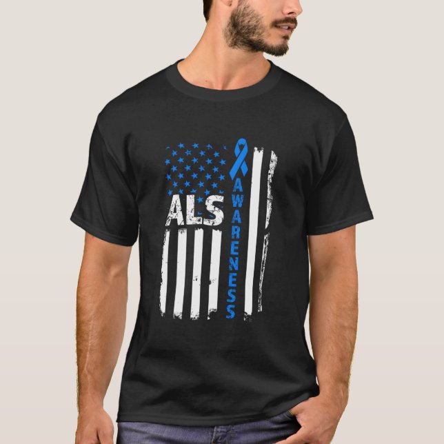 T-shirt Als Awareness Blue Ribbon Us Flag (Devant)