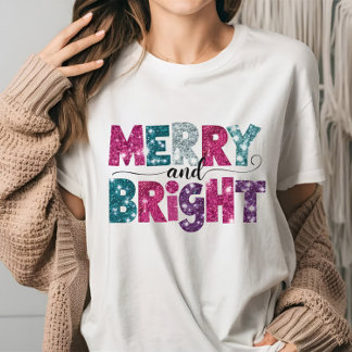 T-shirt Ambiance de Noël scintillante rose Merry and Brigh