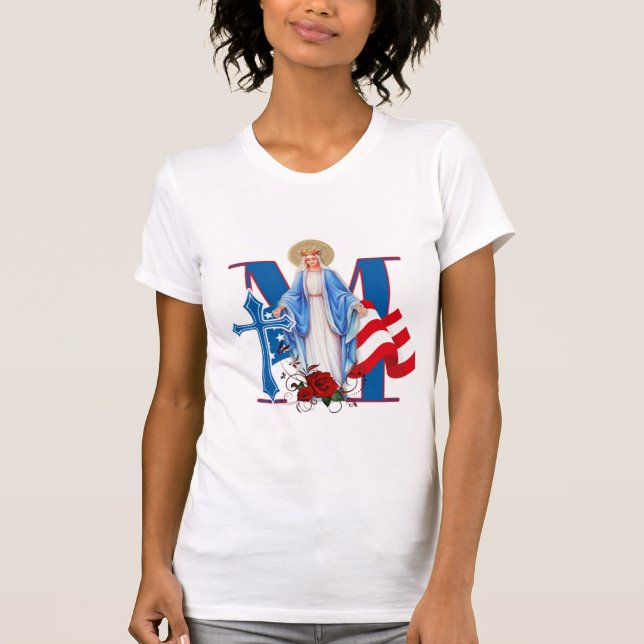 T-SHIRT AMÉRICAIN FLAG VIRGIN MARY ROSES RELIGIEUX (Devant)