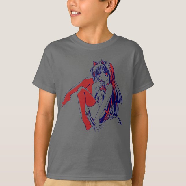 T-shirt Américain Manga Neko Catgirl Kawaii Anime (Devant)