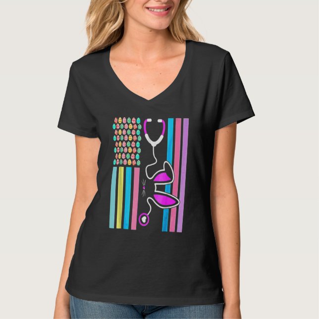 T-shirt American Eggs Drapeau Stethoscope Bunny Infirmière (Devant)