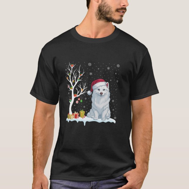 T-shirt American Eskimo Chien Santa Hat Festif Tree Light  (Devant)