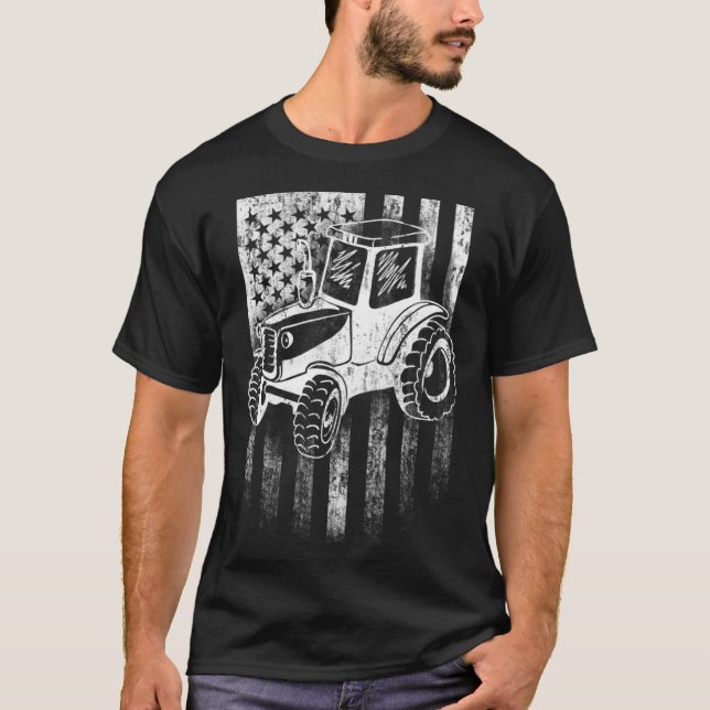 T-shirt American Farmer USA Flag Farm Tractor Distressed (Devant)