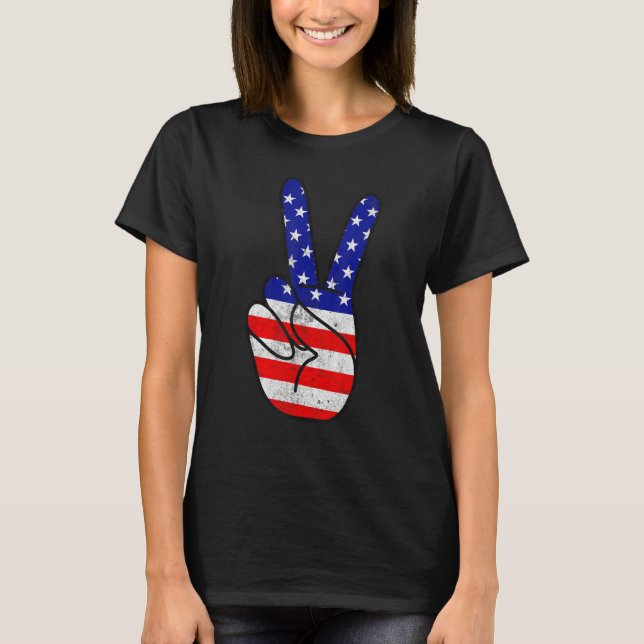 T-shirt American Flag Peace Sign Hand Patriotic 4th Of Jul (Devant)